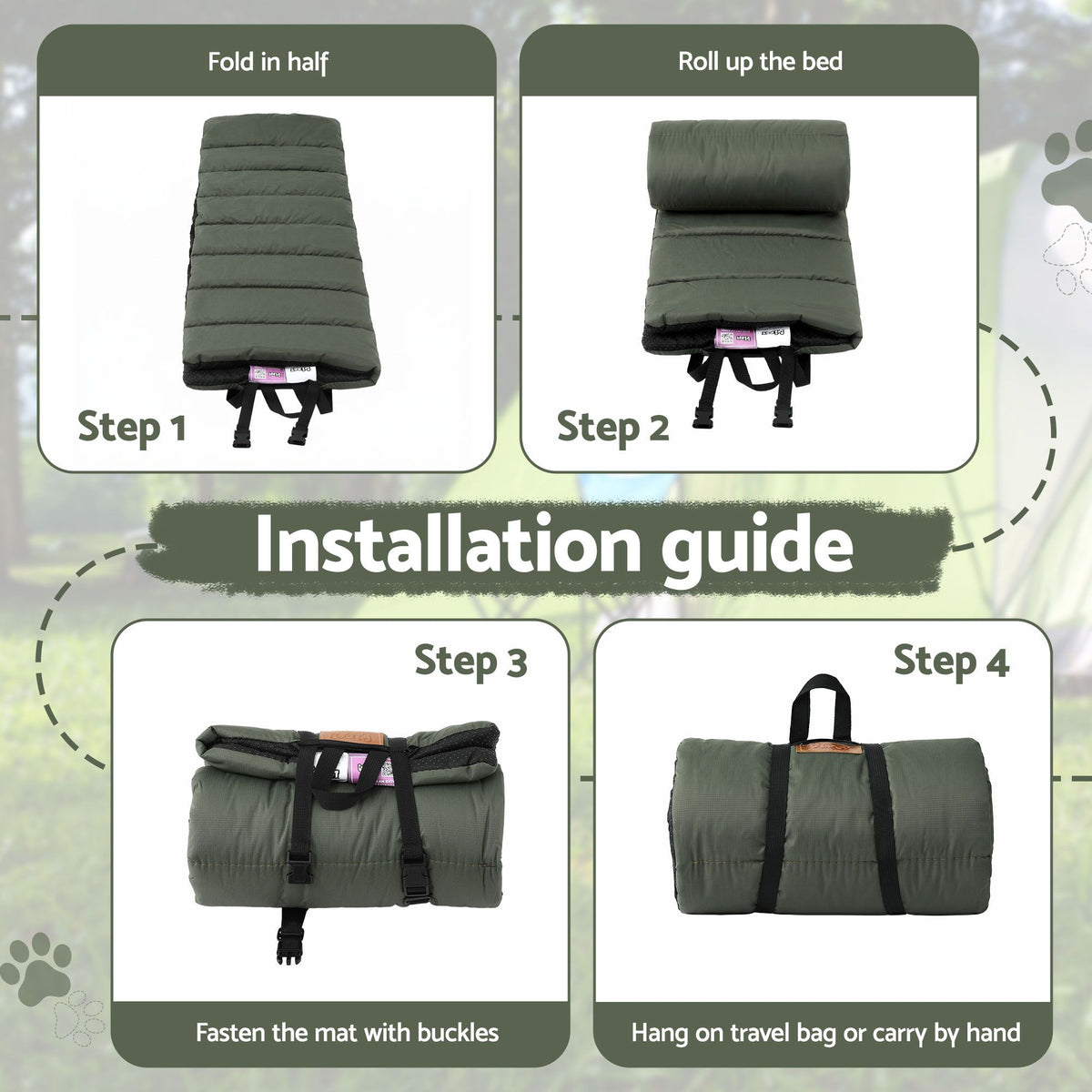 Steel Pack Roll-Up Outdoor Dog Bed – Green (110 × 67 cm)