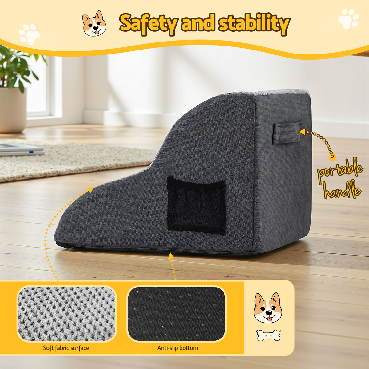 Steel Pack 2-Step Foam Pet Stairs – Grey