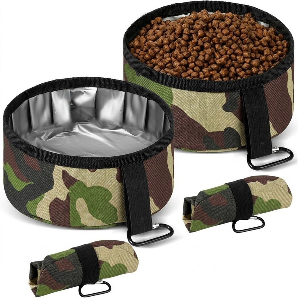Durable Oxford Fabric Collapsible Dog Bowl, Portable Foldable Pet Food and Water Container for Outdoor Adventures, Camping, and Daily Walks with Convenient Carabiner Clip, Large Capacity Travel Bowl for Dogs and Cats (S, Camo)