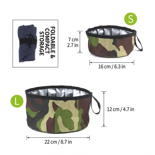 Durable Oxford Fabric Collapsible Dog Bowl, Portable Foldable Pet Food and Water Container for Outdoor Adventures, Camping, and Daily Walks with Convenient Carabiner Clip, Large Capacity Travel Bowl for Dogs and Cats (S, Camo)