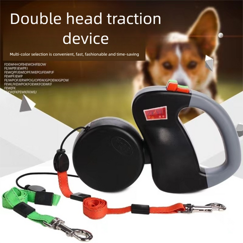 Black Dual Retractable Dog Leash - Tangle-Free 360 Degree Rotation - Built-in LED Flashlight, Individual Brake and Lock System for Two Dogs, Safety for Night Walking and Outdoor Training