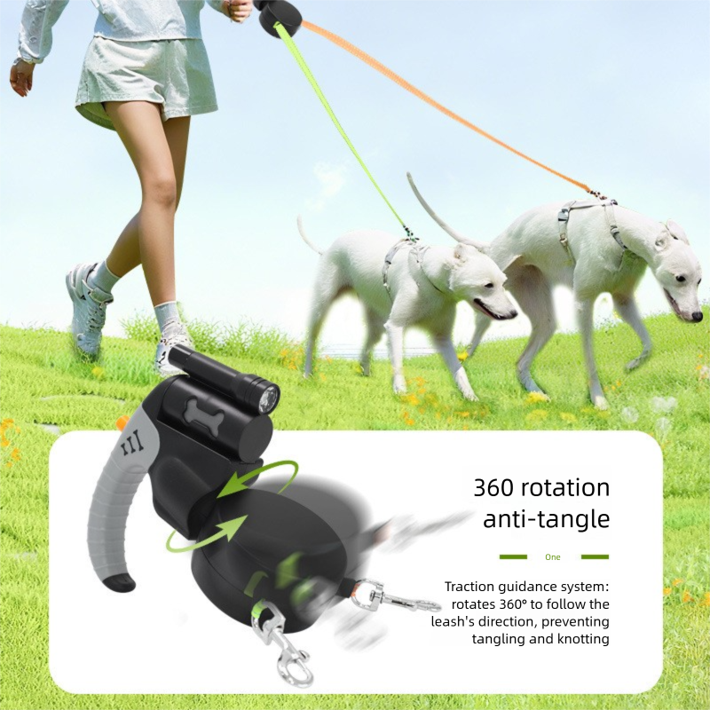 Blue Dual Retractable Dog Leash - Tangle-Free 360 Degree Rotation - Built-in LED Flashlight, Individual Brake and Lock System for Two Dogs, Safety for Night Walking and Outdoor Training