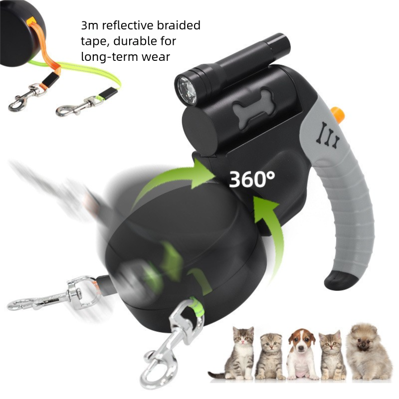 Blue Dual Retractable Dog Leash - Tangle-Free 360 Degree Rotation - Built-in LED Flashlight, Individual Brake and Lock System for Two Dogs, Safety for Night Walking and Outdoor Training