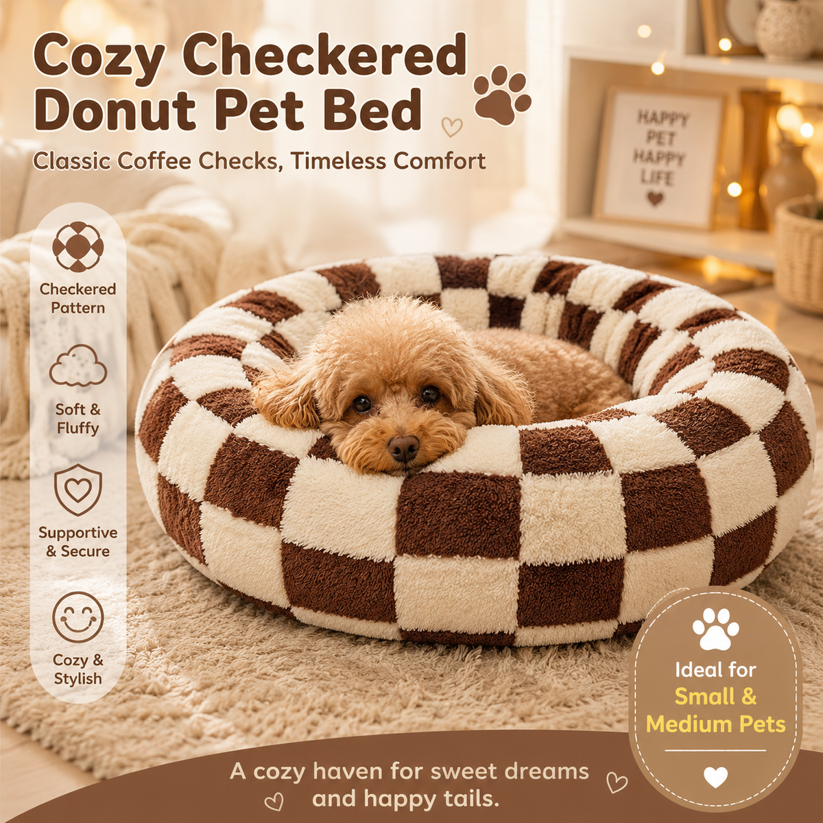 Steel Pack Calming Donut Bed – Coffee Plaid, 50 cm