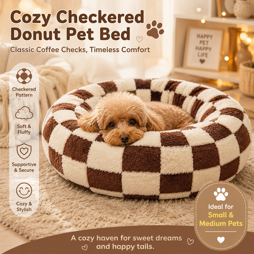 Steel Pack Calming Donut Bed – Coffee Plaid, 50 cm