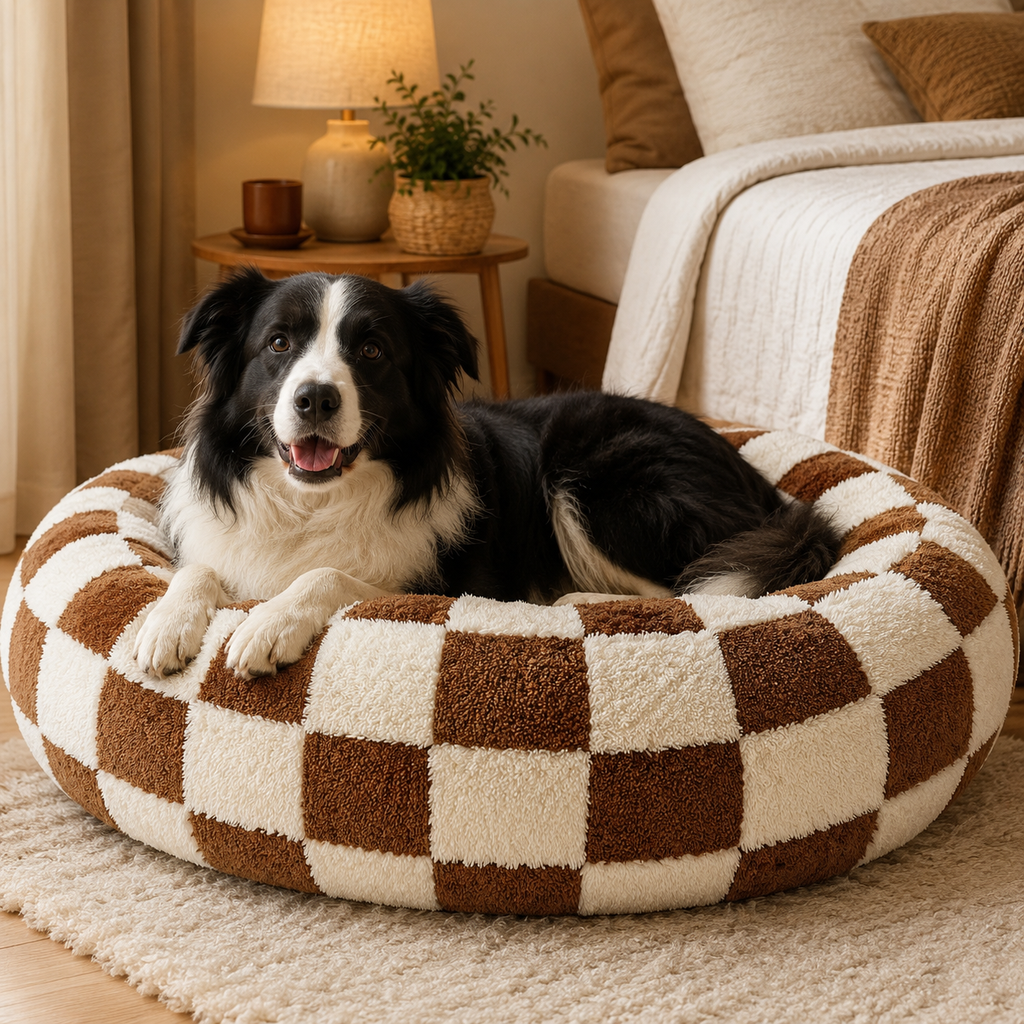 Steel Pack Calming Donut Bed – Coffee Plaid, 50 cm