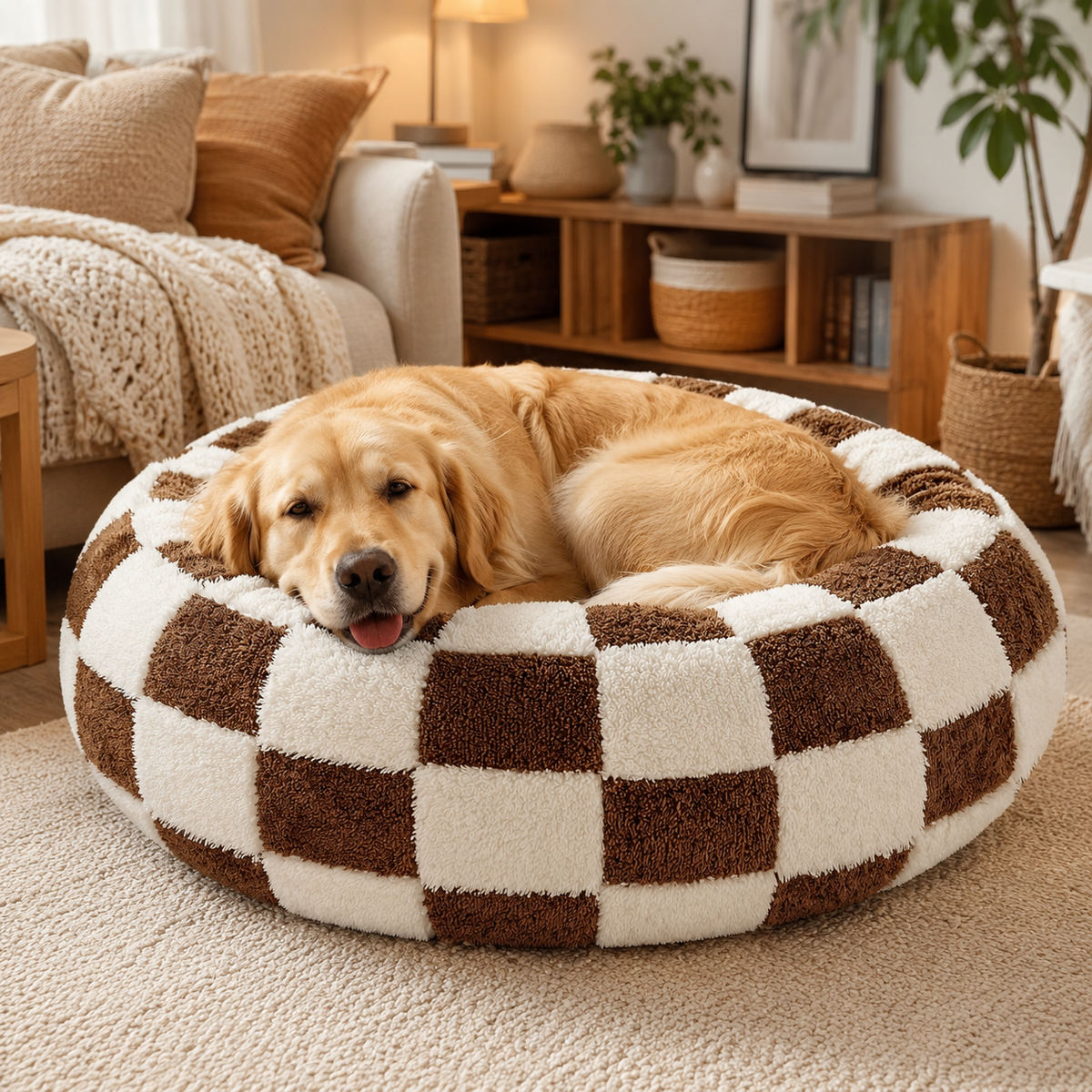 Steel Pack Calming Donut Bed – Coffee Plaid, 80 cm