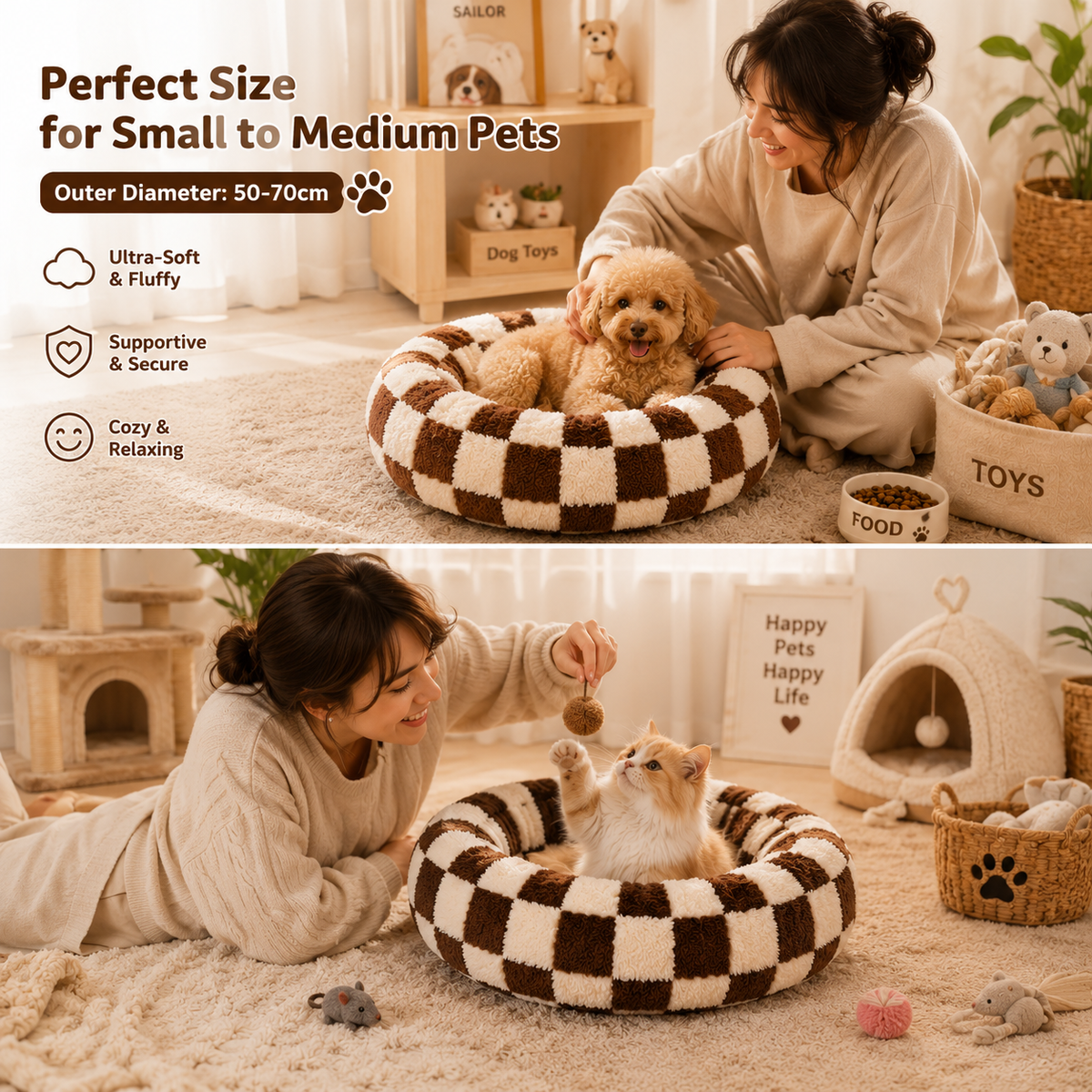 Steel Pack Calming Donut Bed – Coffee Plaid, 100 cm